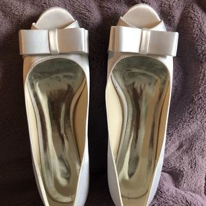 White satin bridal wedge shoes